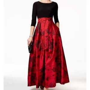 Jessica Howard Black & Red Floral-Print Ball Gown Sz 12